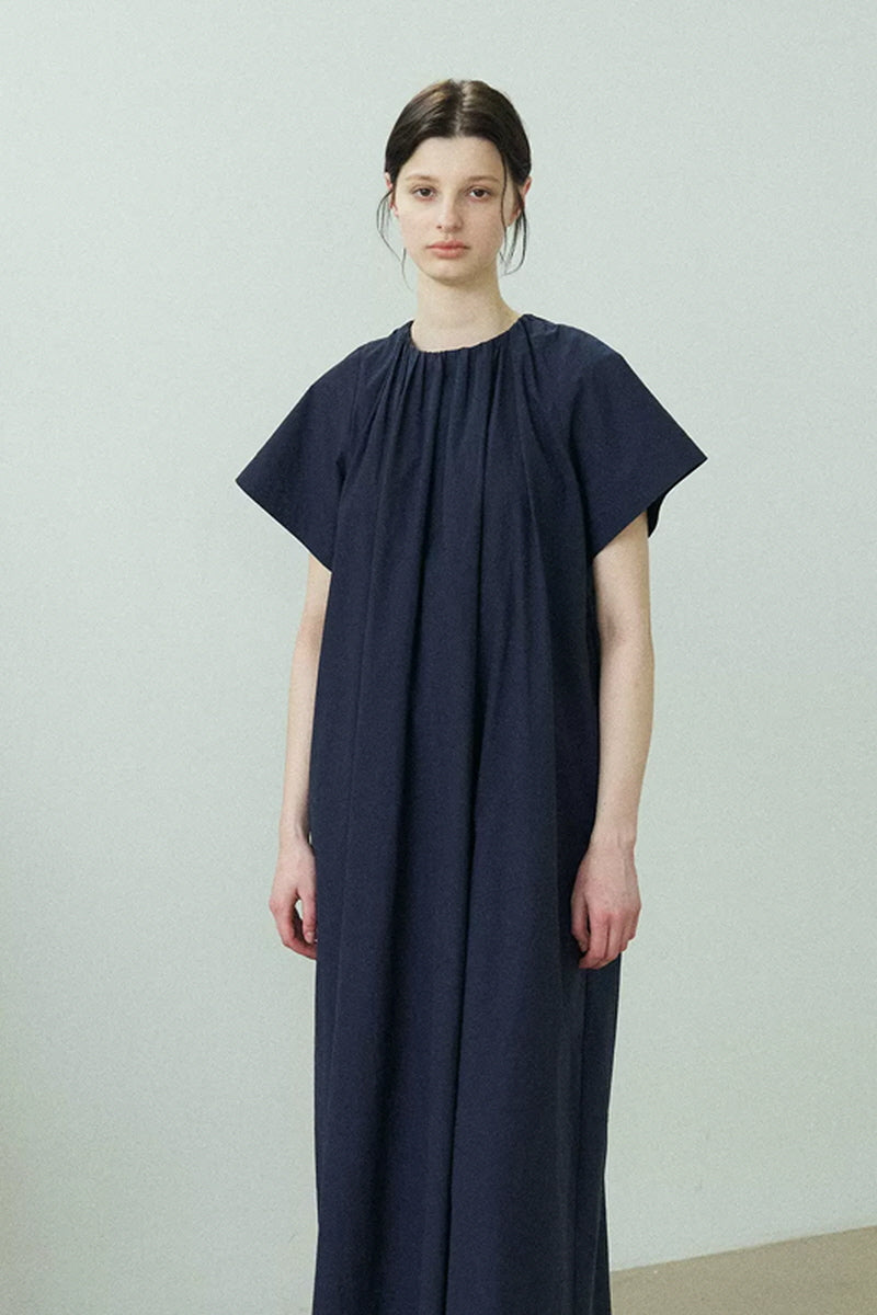 Elastic Shirred High-Cut Neck Maxi Dress
