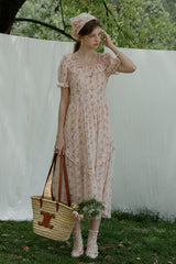 Square Neck Embroidered Floral Long Dress