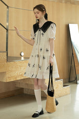 Navy Collar Paneled Embroidered Dress