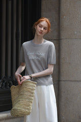 Contrast Embroidery Monogram Short Sleeve Sweater