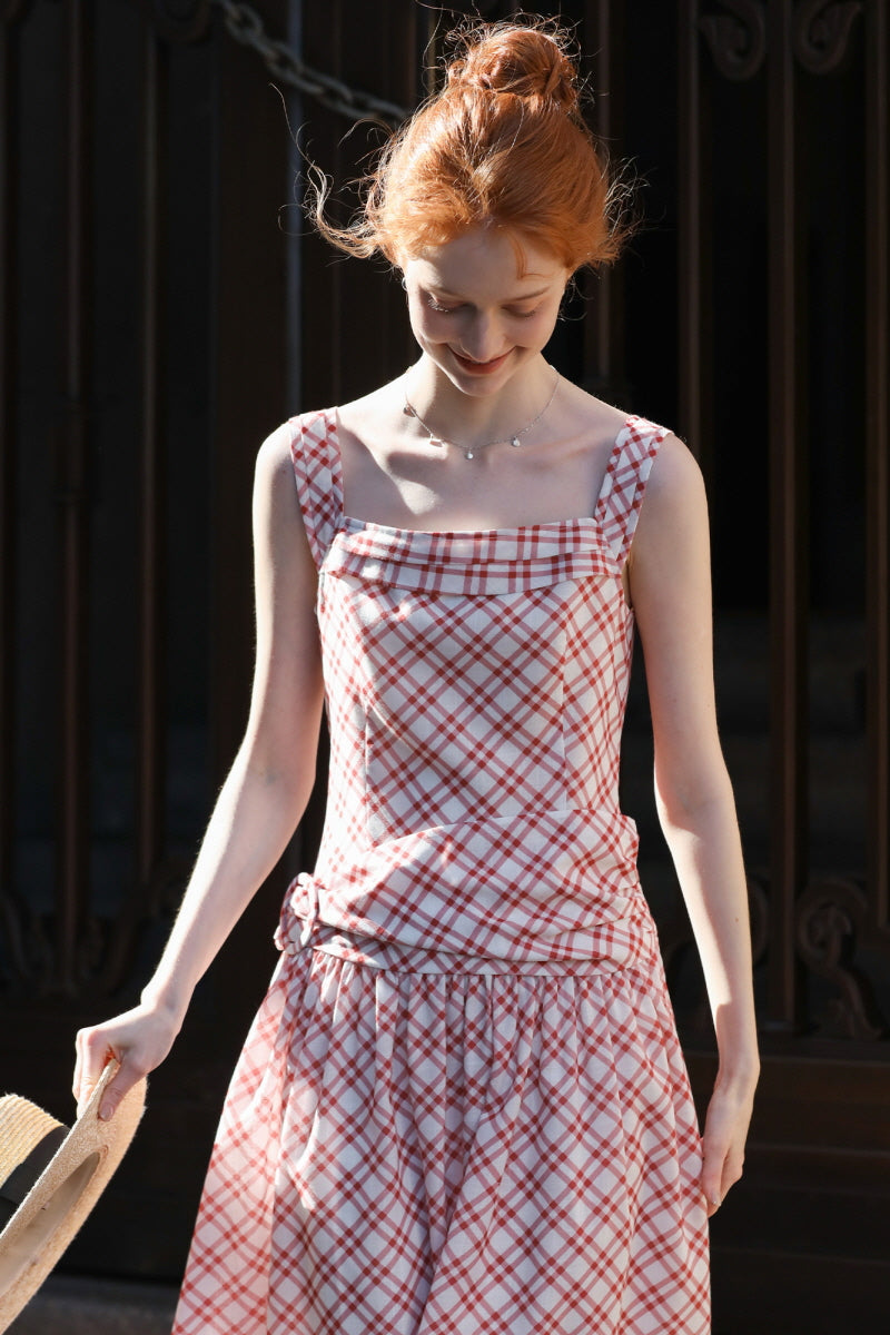 Square Neck Checkered Slip Dress