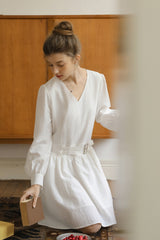 Double Belt Cinched V-Neck Long Sleeve Dress