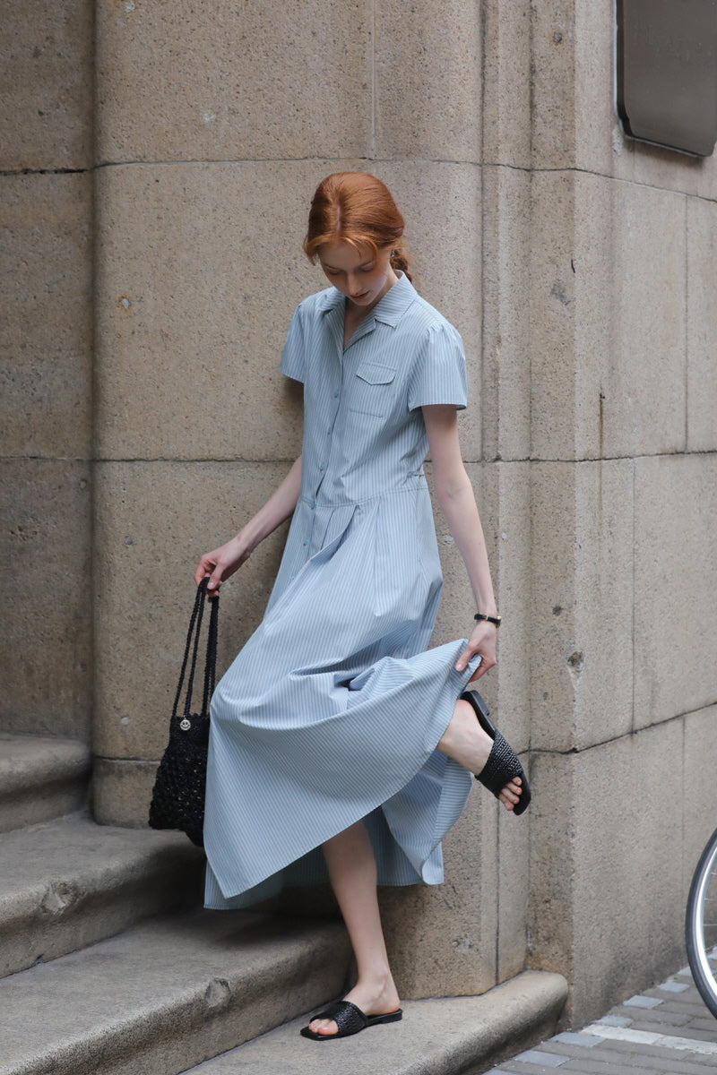 Simple Suit Collar Short Sleeve Shirt Dress