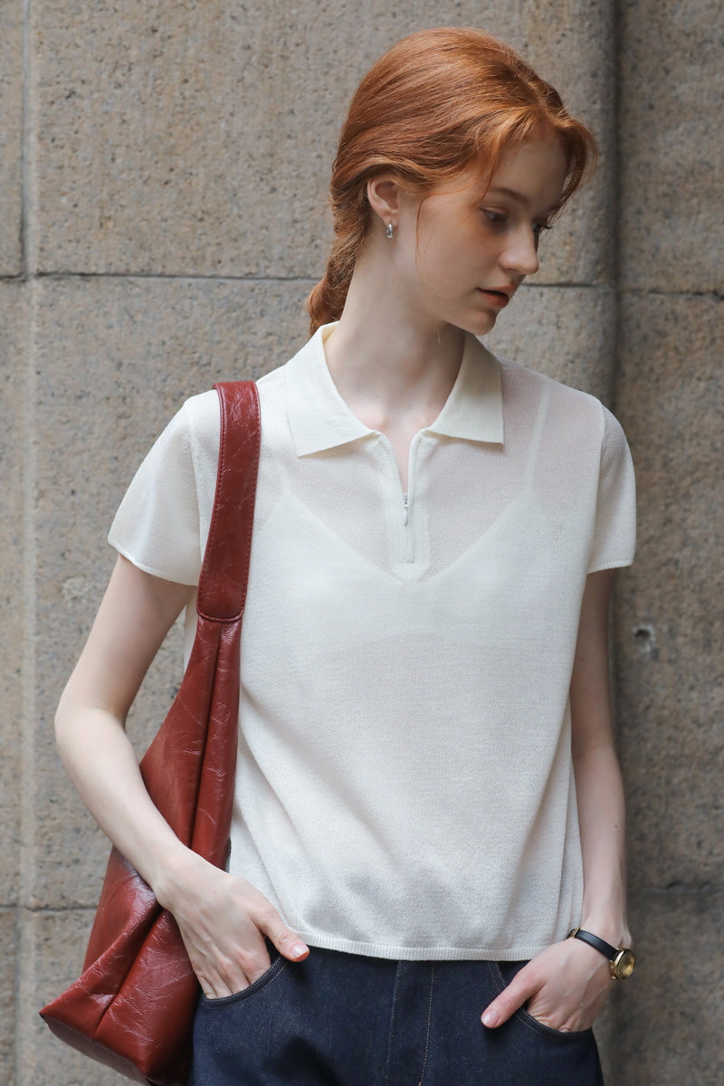 Polo Neck Loose Short Sleeve Top