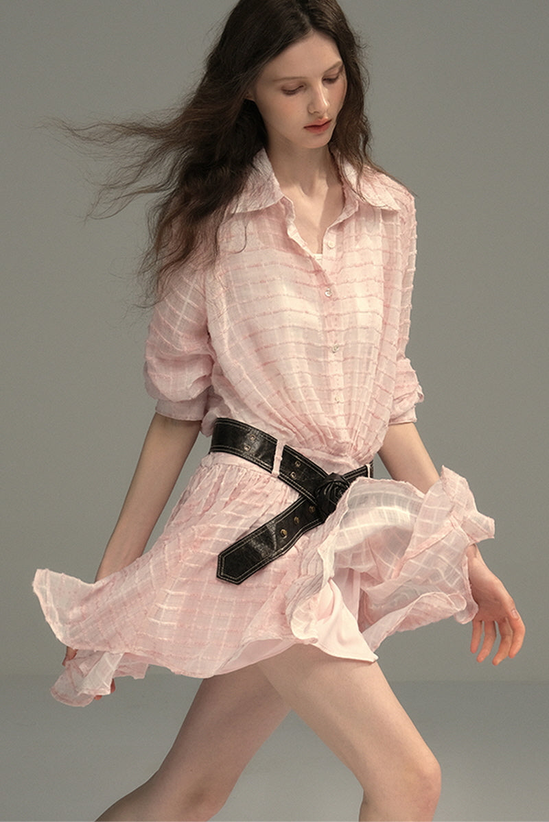 Pleated Check Flare Shirt Dress