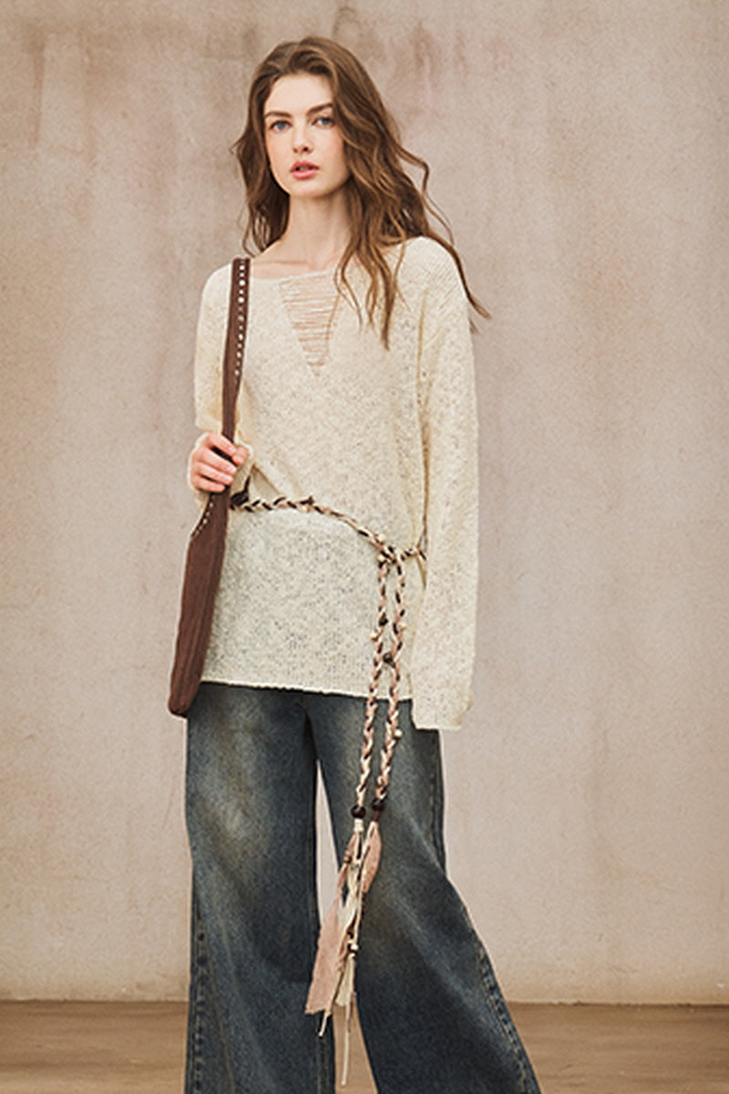 Cut-Out V-Neck Loose Sweater