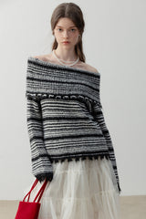 Lapel One-Shoulder Striped Sweater
