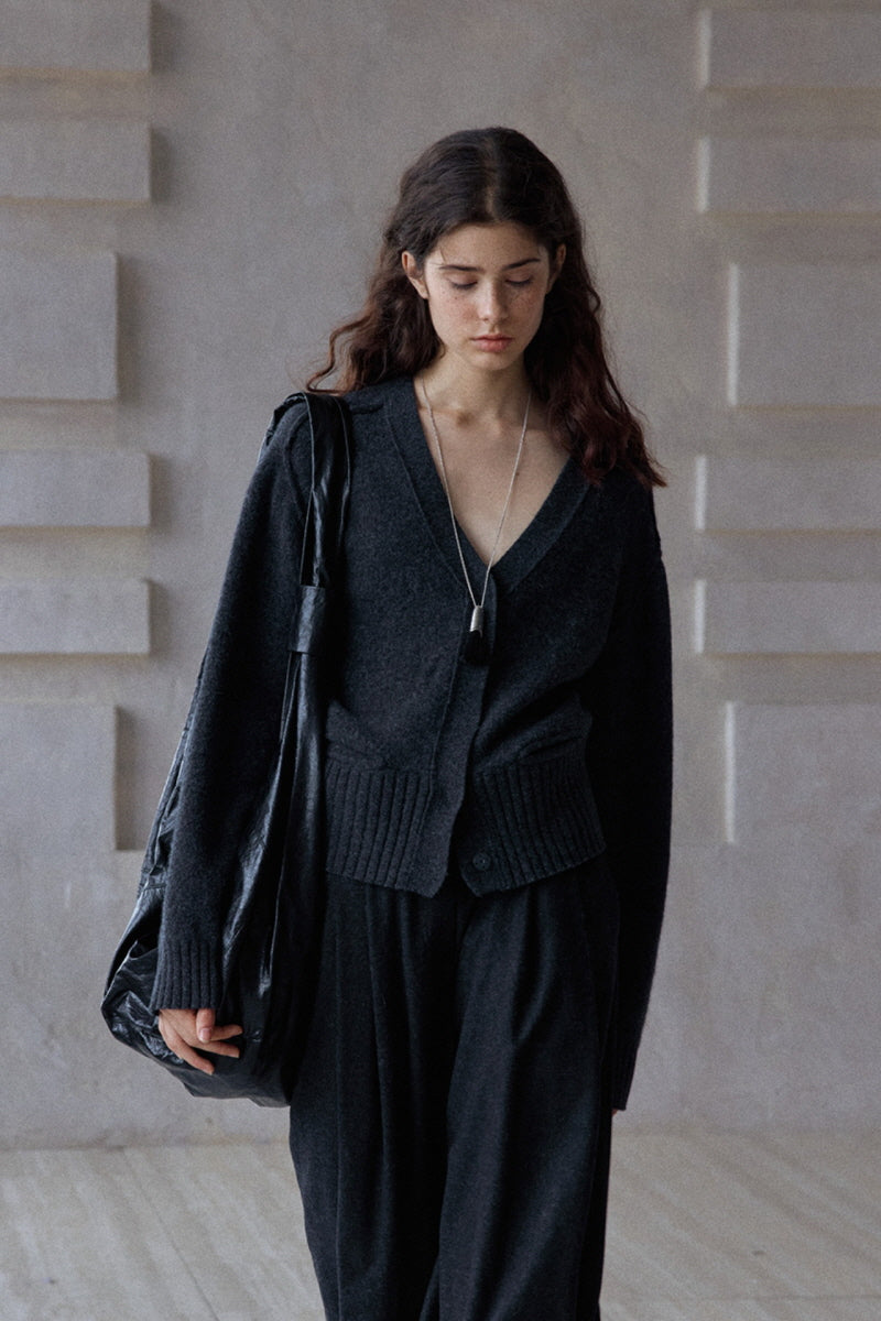Saddle-Shoulder Pocket V-Neck Cardigan