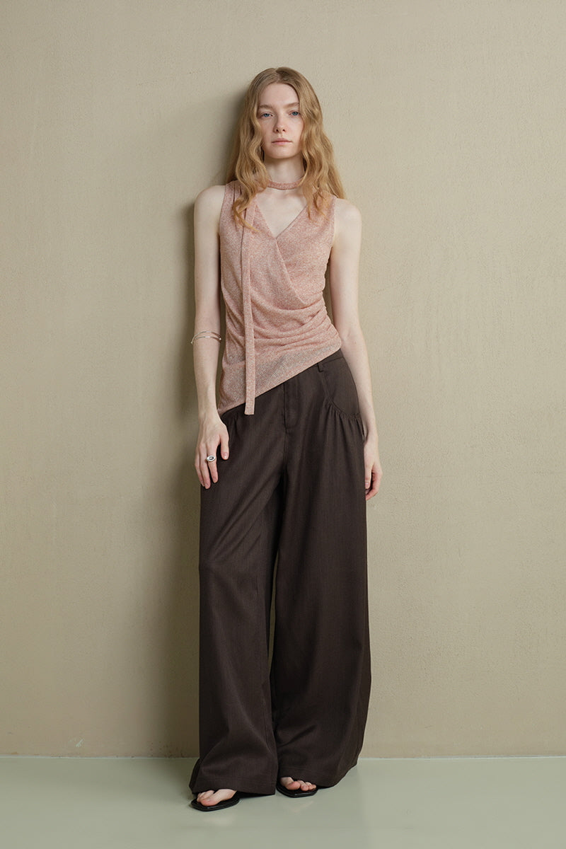 Asymmetrical Hem Pleated Streamer Halterneck Vest