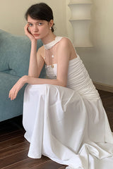 French Shirred Bandeau Halterneck Patchwork Dress