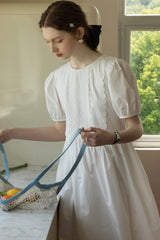 Puff Sleeve Round Neck Tie Bellflower Dress