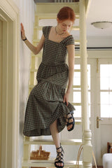 Square Neck High Waist Check Strap Dress