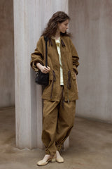 Washed Drawstring Crew Neck Jacket