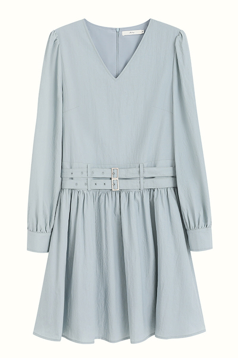Double Belt Cinched V-Neck Long Sleeve Dress