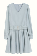 Double Belt Cinched V-Neck Long Sleeve Dress