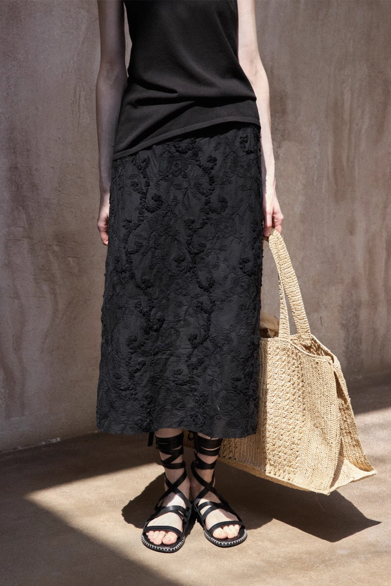 Embroidered Slit Midi Skirt