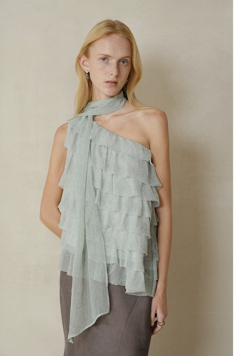 Asymmetrical Ruffle Slanted-Shoulder Top
