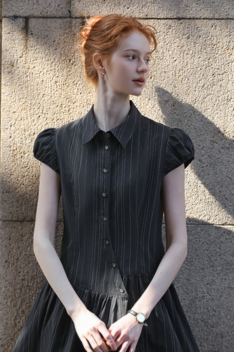 Diagonal Placket Puff Sleeve Shirt Dress