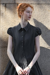 Diagonal Placket Puff Sleeve Shirt Dress