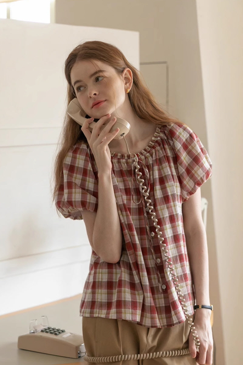 Elasticated Neckline Lace-Up Short Sleeve Shirt