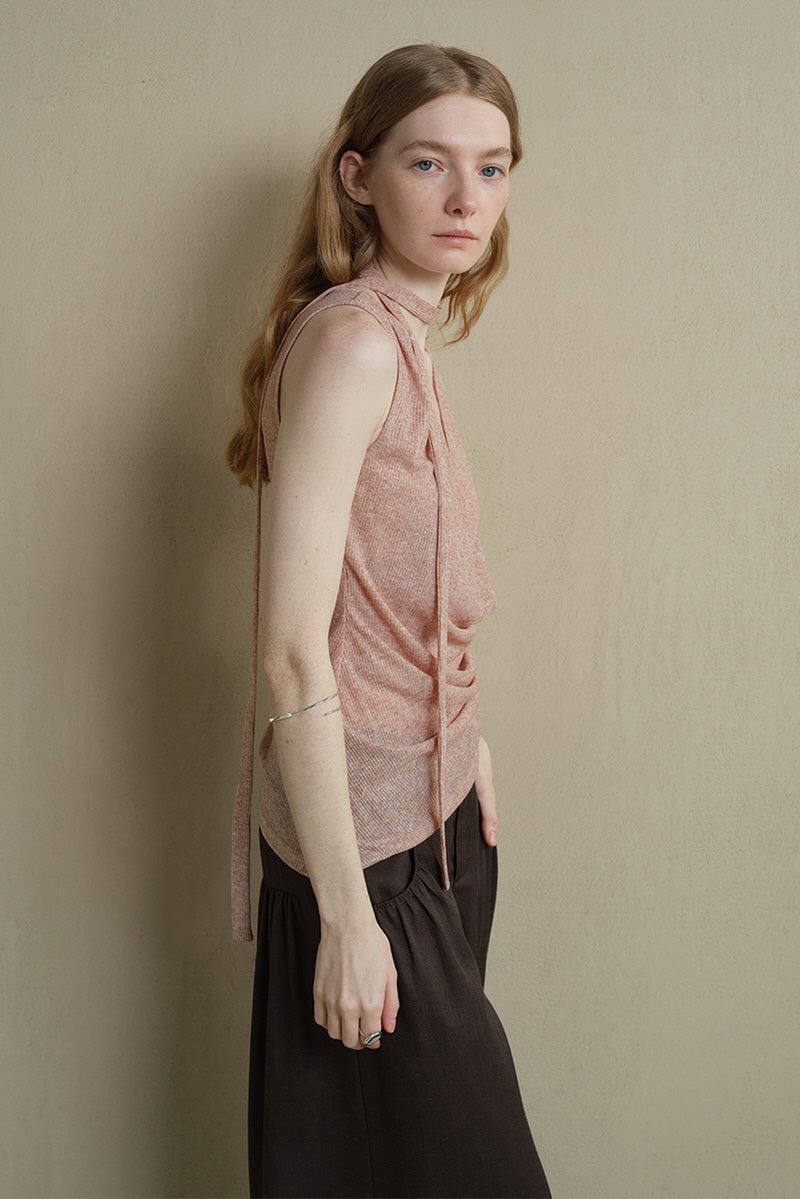 Asymmetrical Hem Pleated Streamer Halterneck Vest