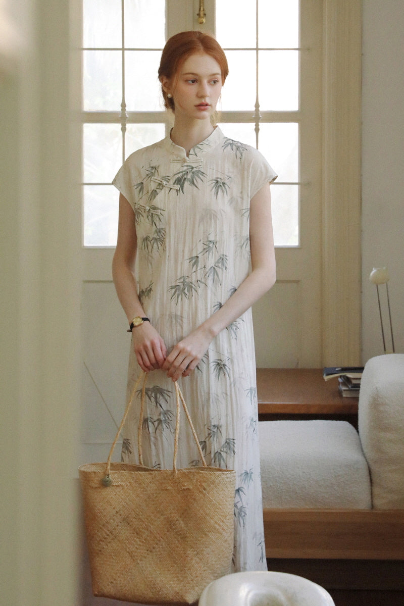 Diagonal Placket Ink Bamboo Cheongsam Dress