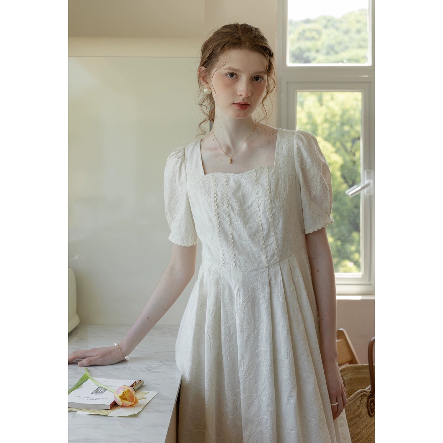 Square Neck Embroidered Pleated Dress