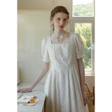Square Neck Embroidered Pleated Dress