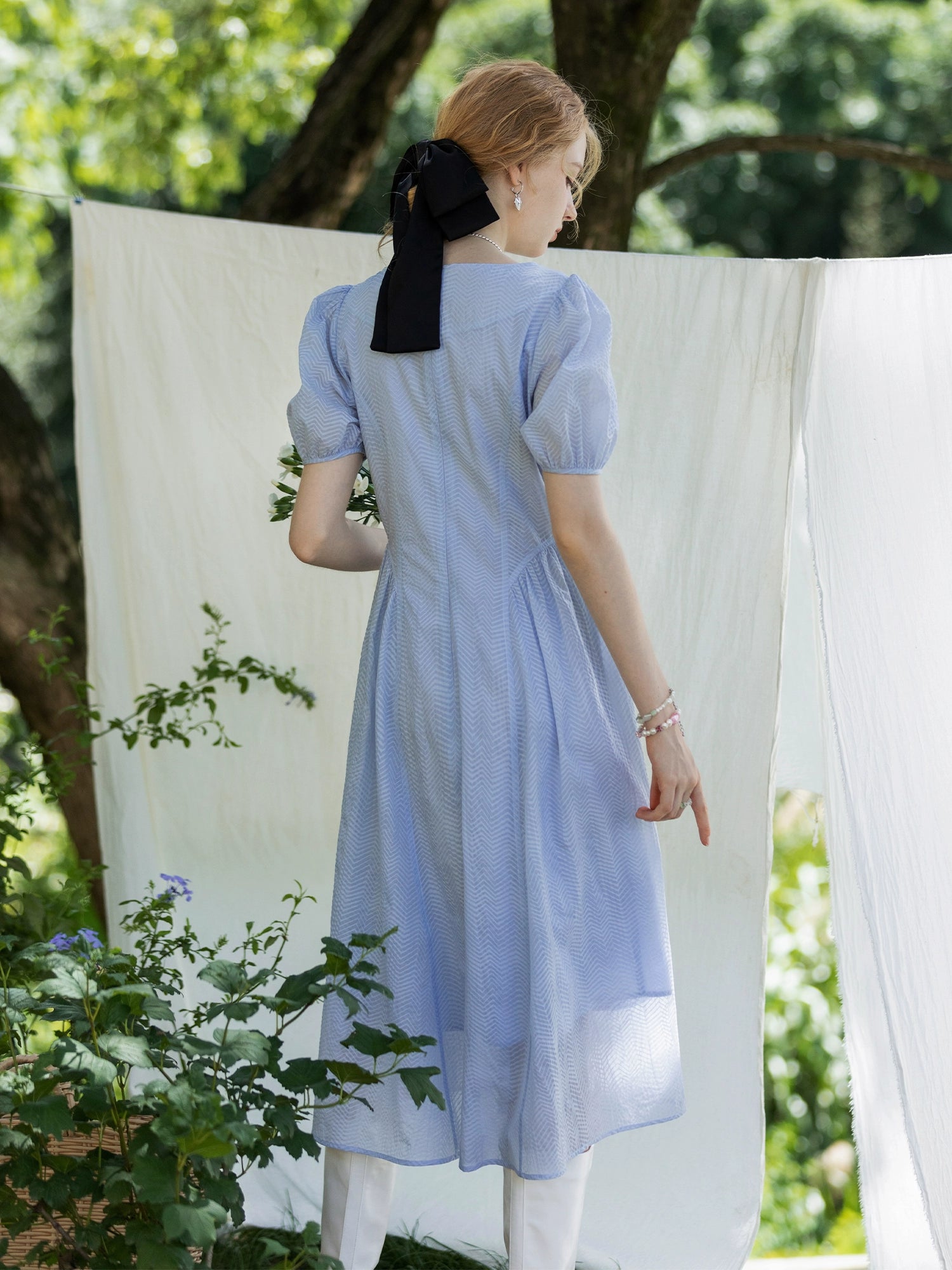 Square Neck Cinched Waist Slim Midi Dress
