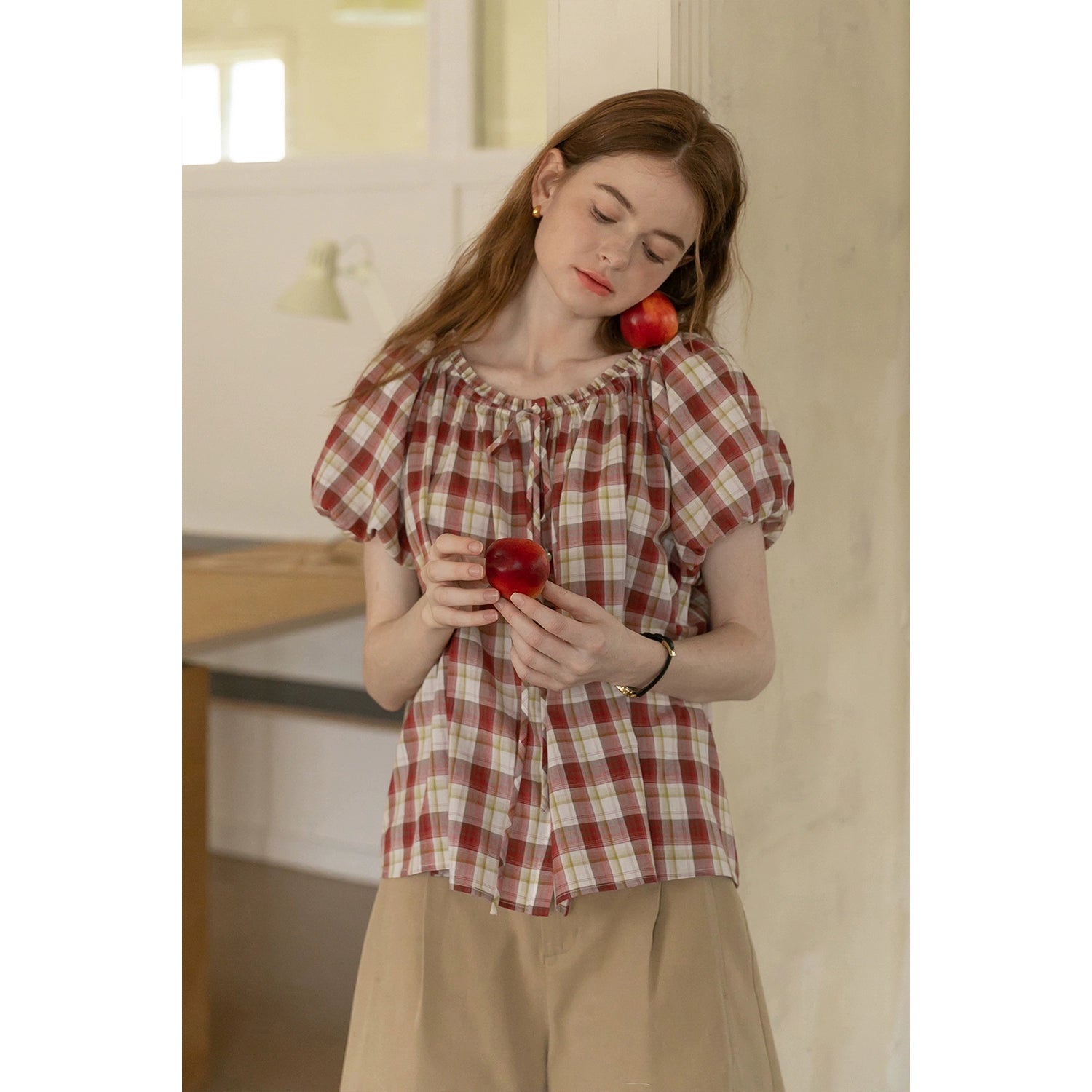 Elasticated Neckline Lace-Up Short Sleeve Shirt