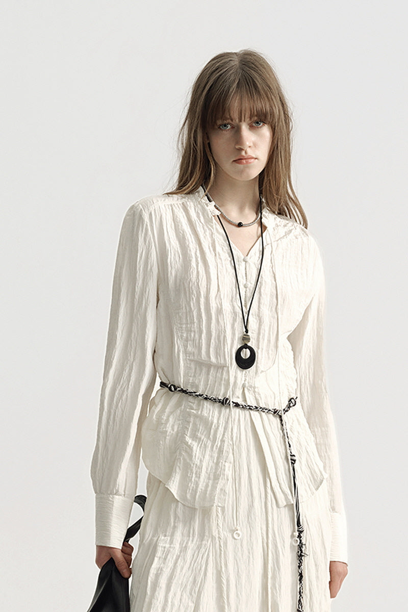 French Micro-Pleated V-Neck Shirred Shirt