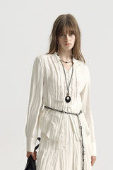 French Micro-Pleated V-Neck Shirred Shirt