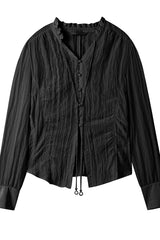 French Micro-Pleated V-Neck Shirred Shirt